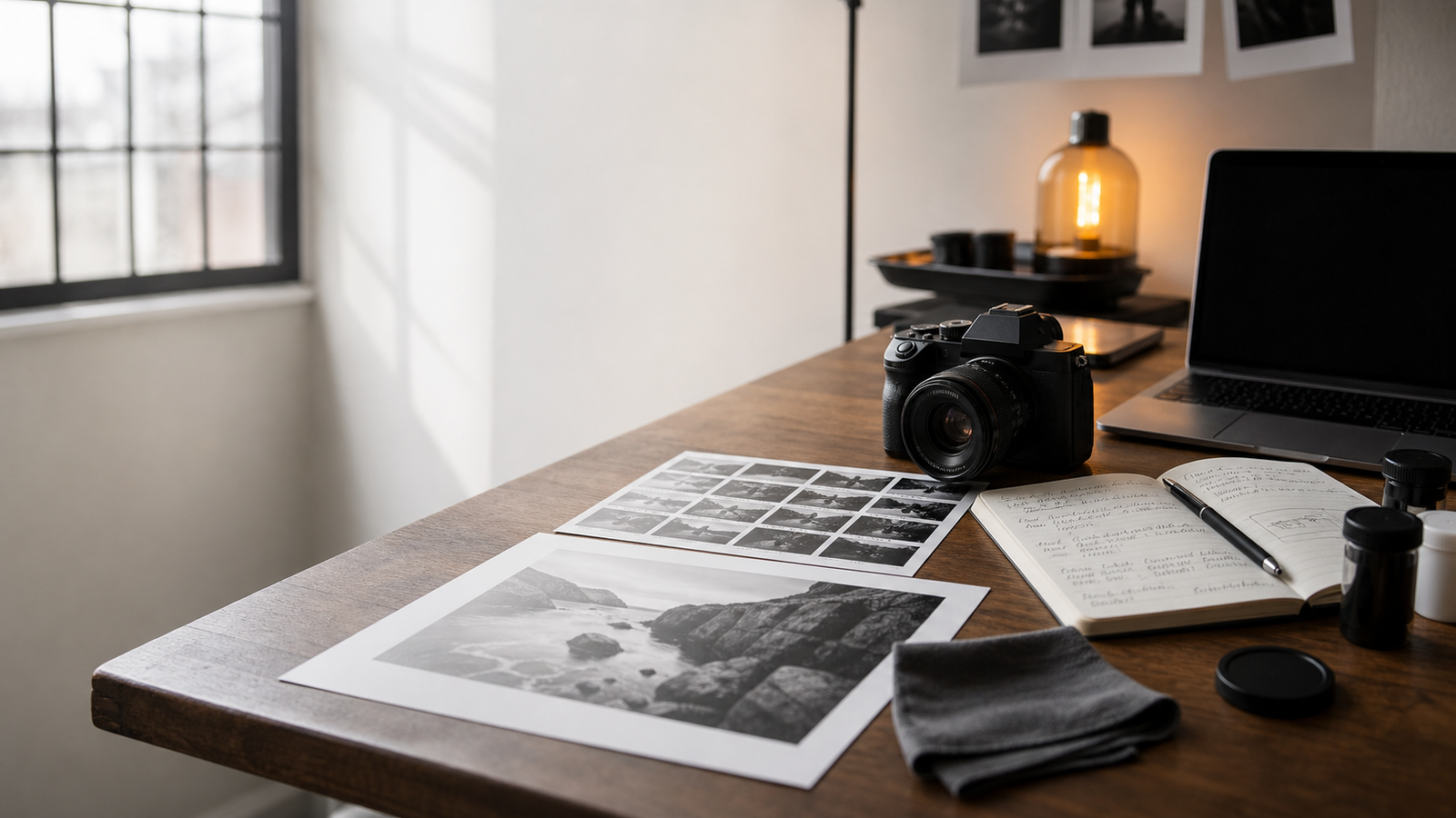 Photography workshop table with camera, contact prints, and exposure notes